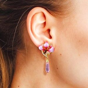 𝙒𝙚𝙖𝙧𝙖𝙗𝙡𝙚 𝘼𝙧𝙩 Hand Painted 925 Silver CZ Enamel Pink Orchid Earrings